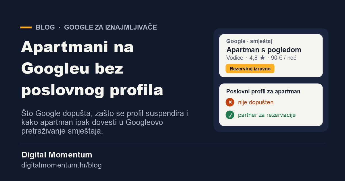Apartmani na Googleu bez poslovnog profila: poslovni profil za apartman nije dopušten, prikaz preko partnera za rezervacije jest